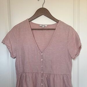 Women's Madewell Pink Lightspun Button Up V-Neck Short Sleeve Dress Size S